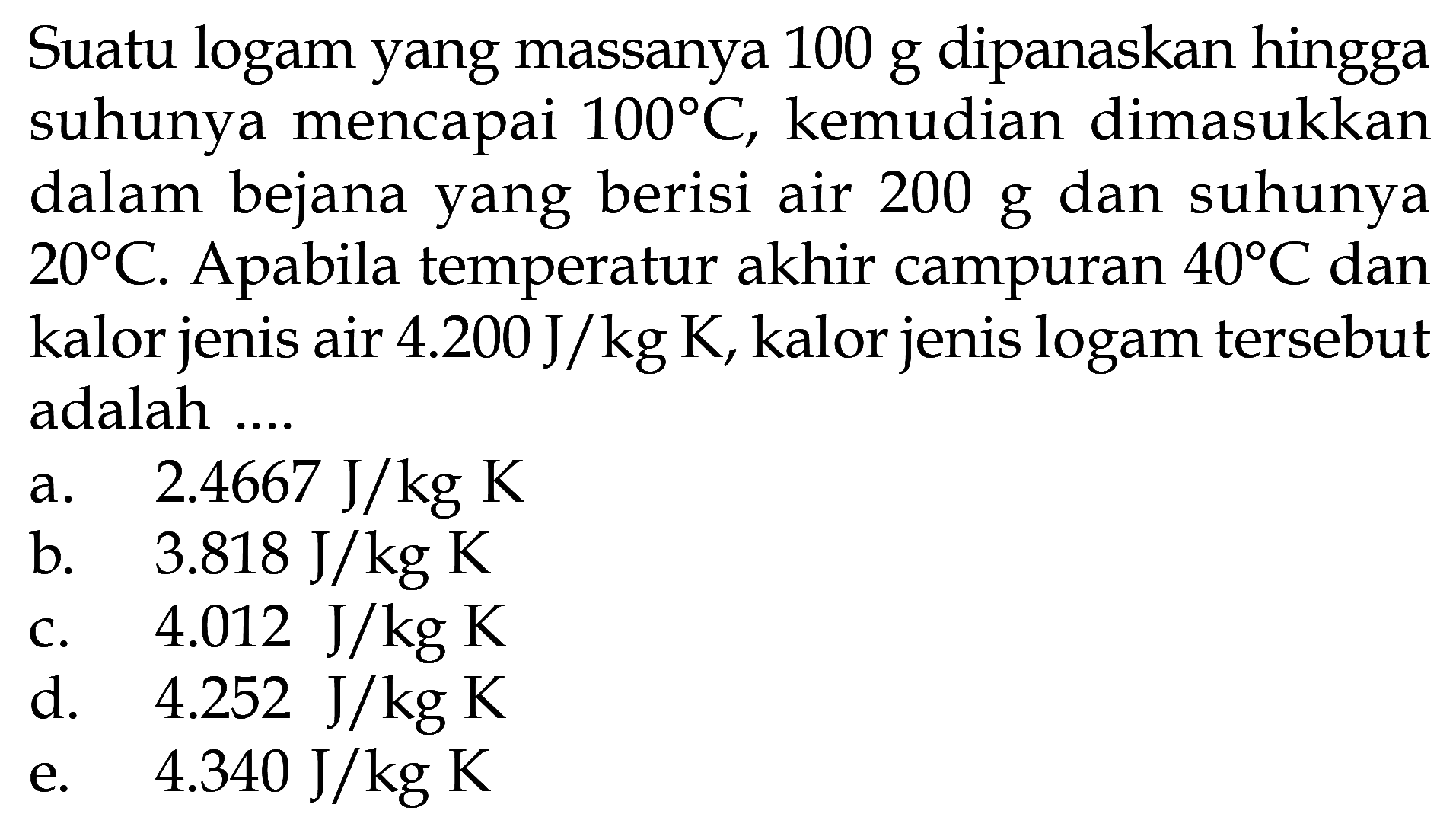 Suatu logam yang massanya 100 g dipanaskan hingga suhunya...