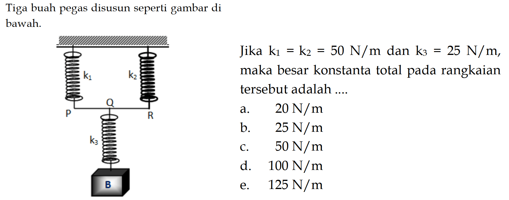 Tiga buah pegas disusun seperti gambar di bawah. Jika k...