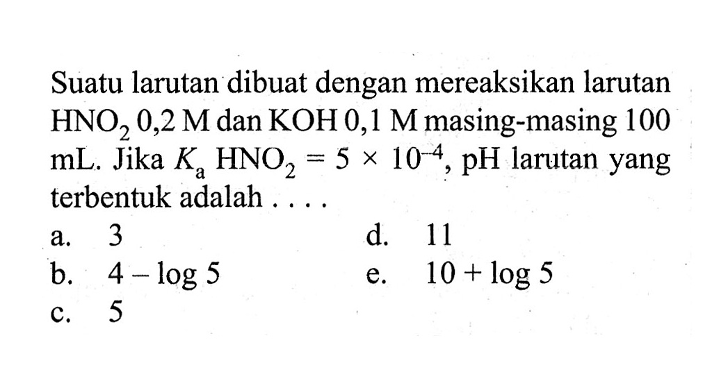 Suatu larutan dibuat dengan mereaksikan larutan HNO2 0,2