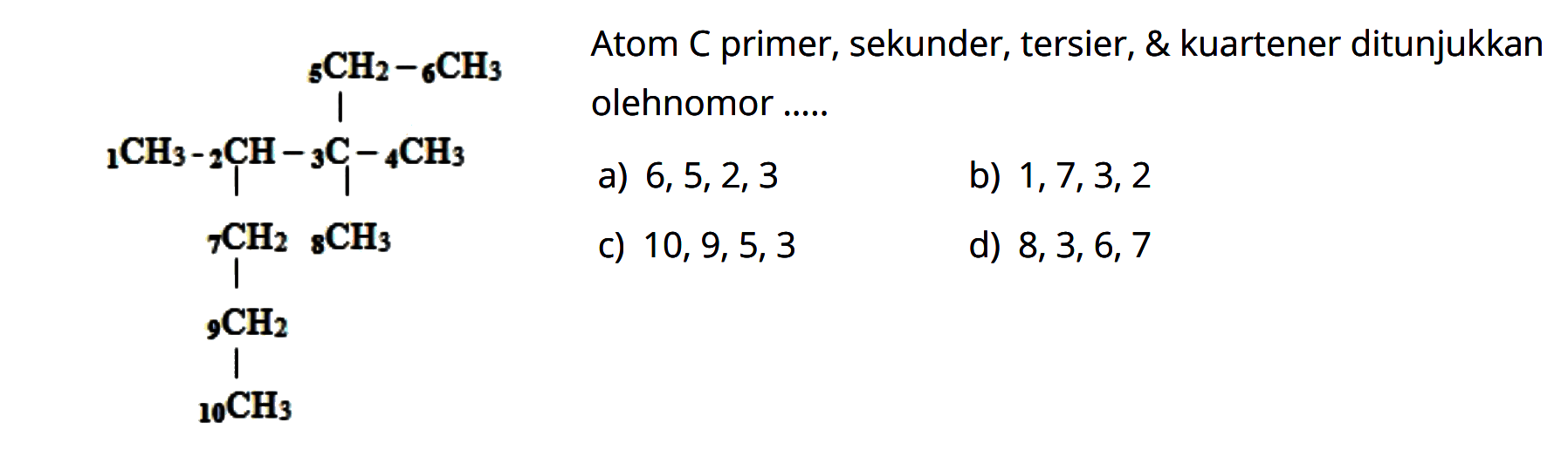 Atom C primer, sekunder, tersier, & kuartener ditunjukkan...