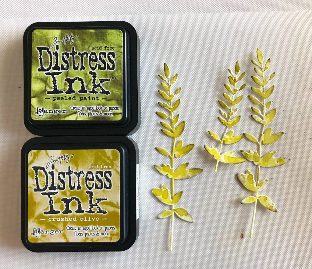 Photo showing the Distress Inks Crushed Olive and Peeled Paint used to color the leafy stems used as filler for today’s post. 