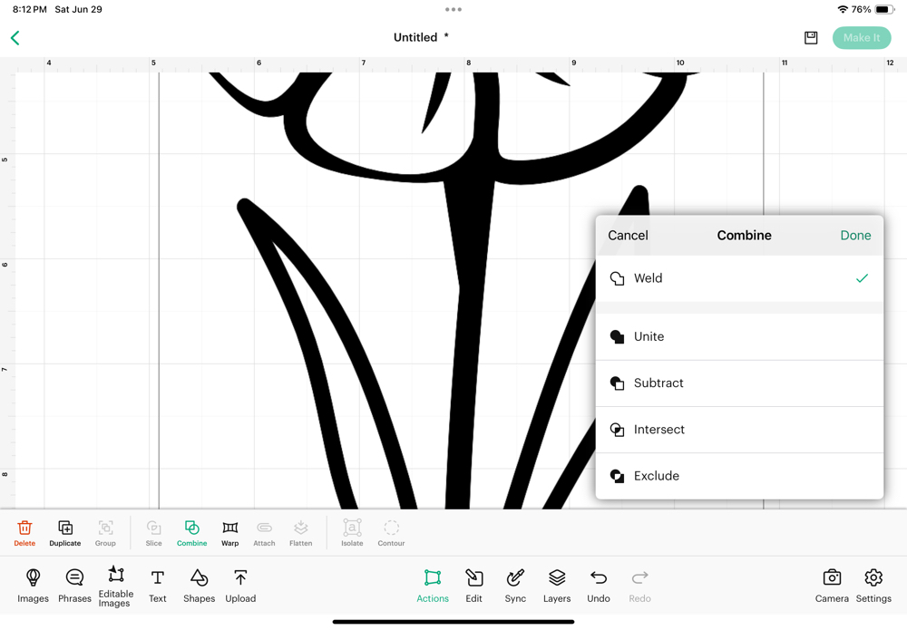 Screenshot showing the result of using the weed feature to fill in the empty space in the floral design as well as now allowing is to use the contour feature.