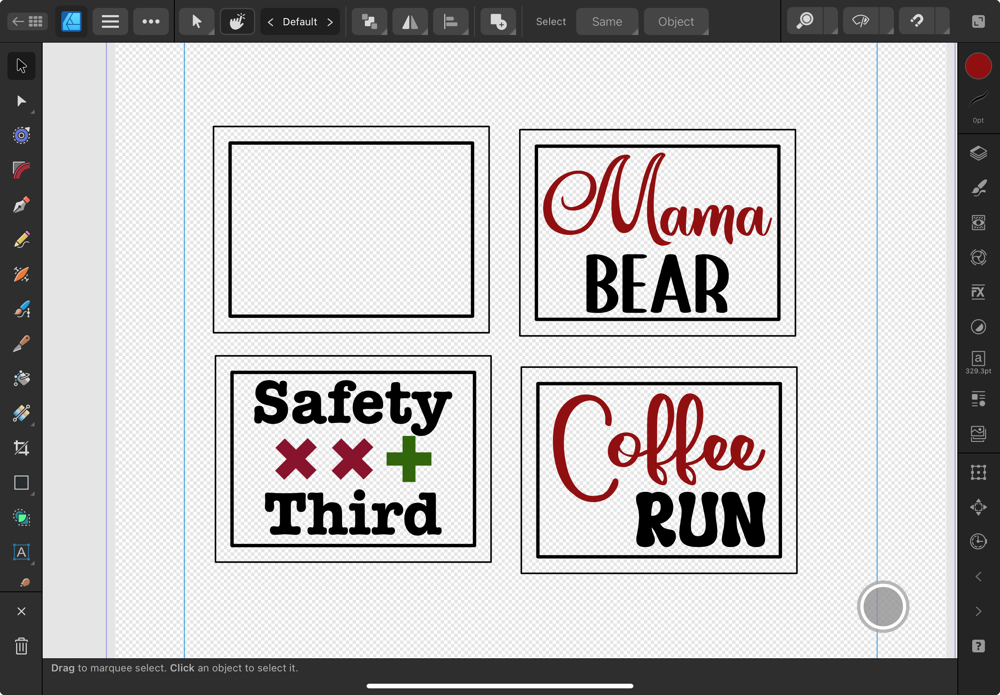 Screenshot of the finished hat patch designs in Affinity Designer 2 for the iPad.
