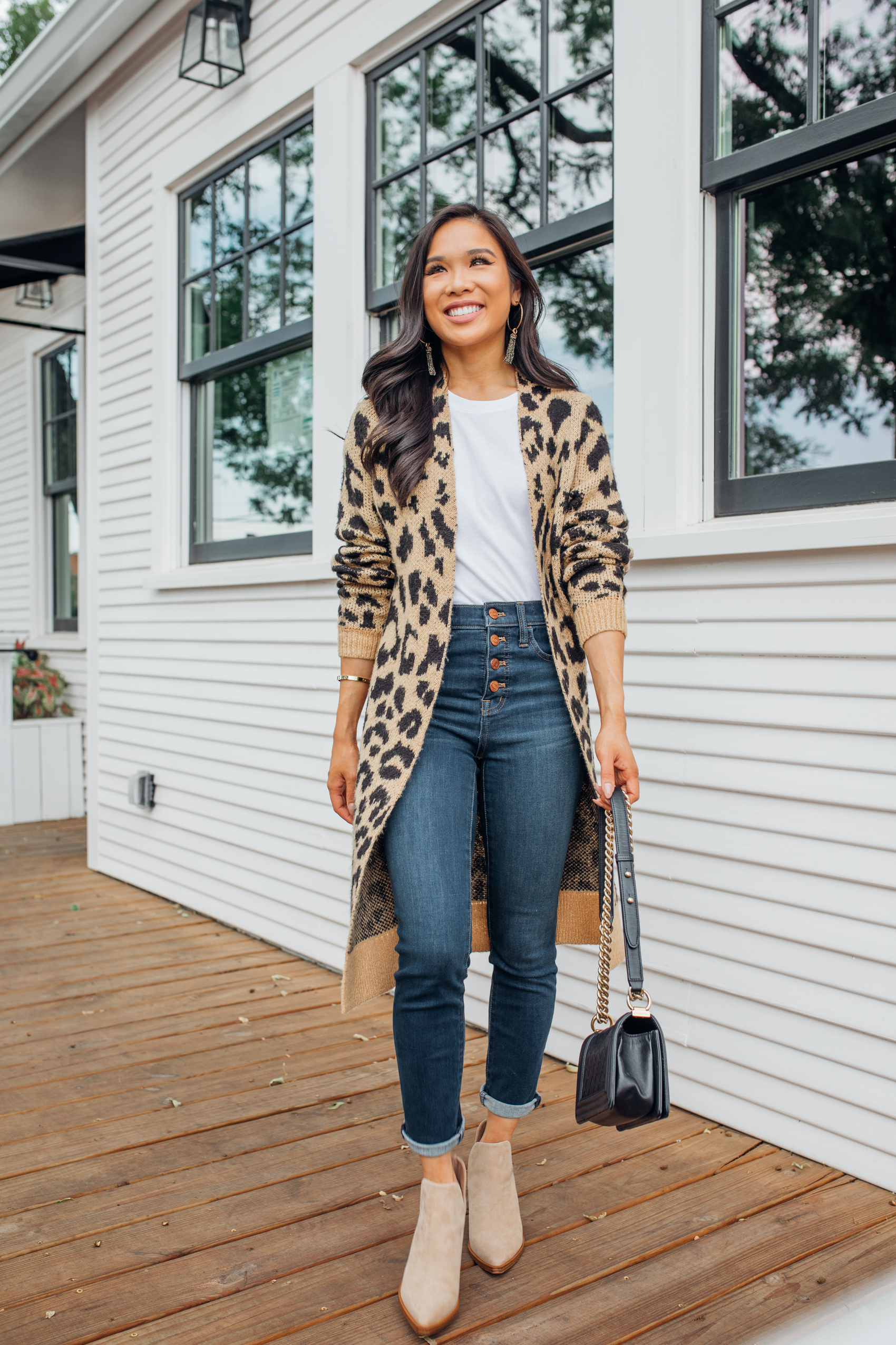 Leopard Cardigan Outfit with Booties for Now & For Fall Color & Chic