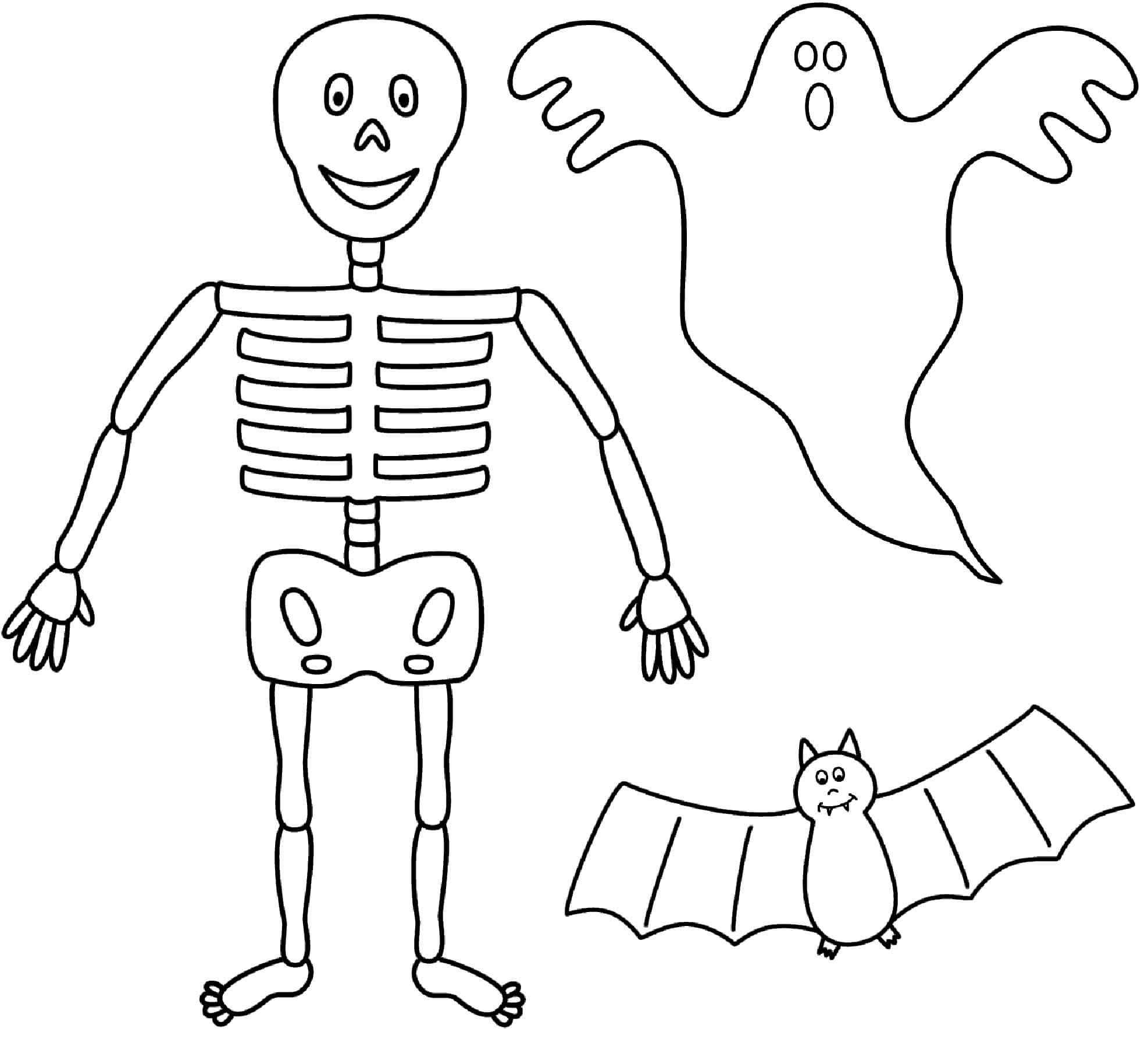 Skeleton And Bat With Ghost coloring page Download, Print or Color