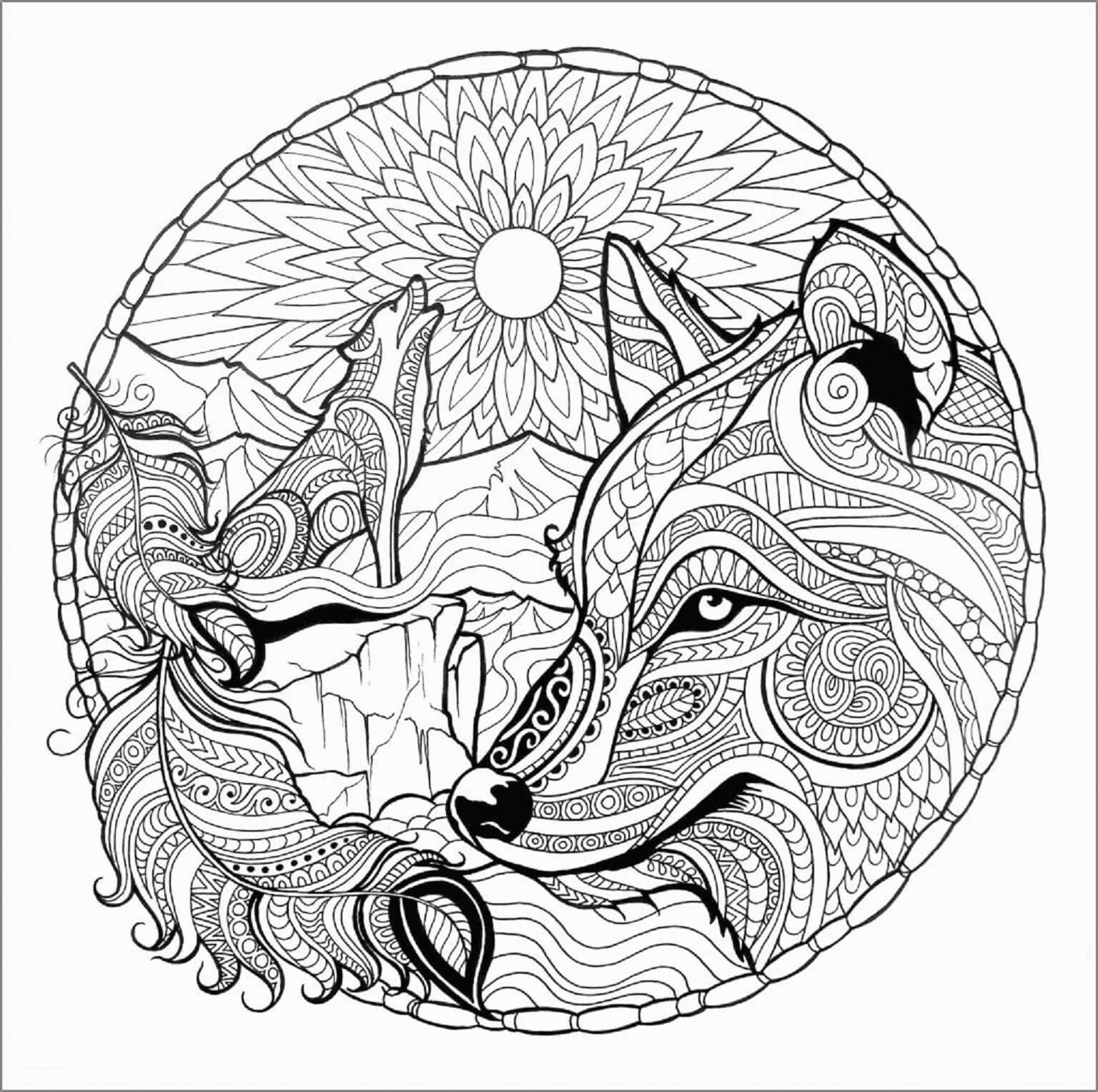 Two Wolves Mandala coloring page Download, Print or Color Online for Free