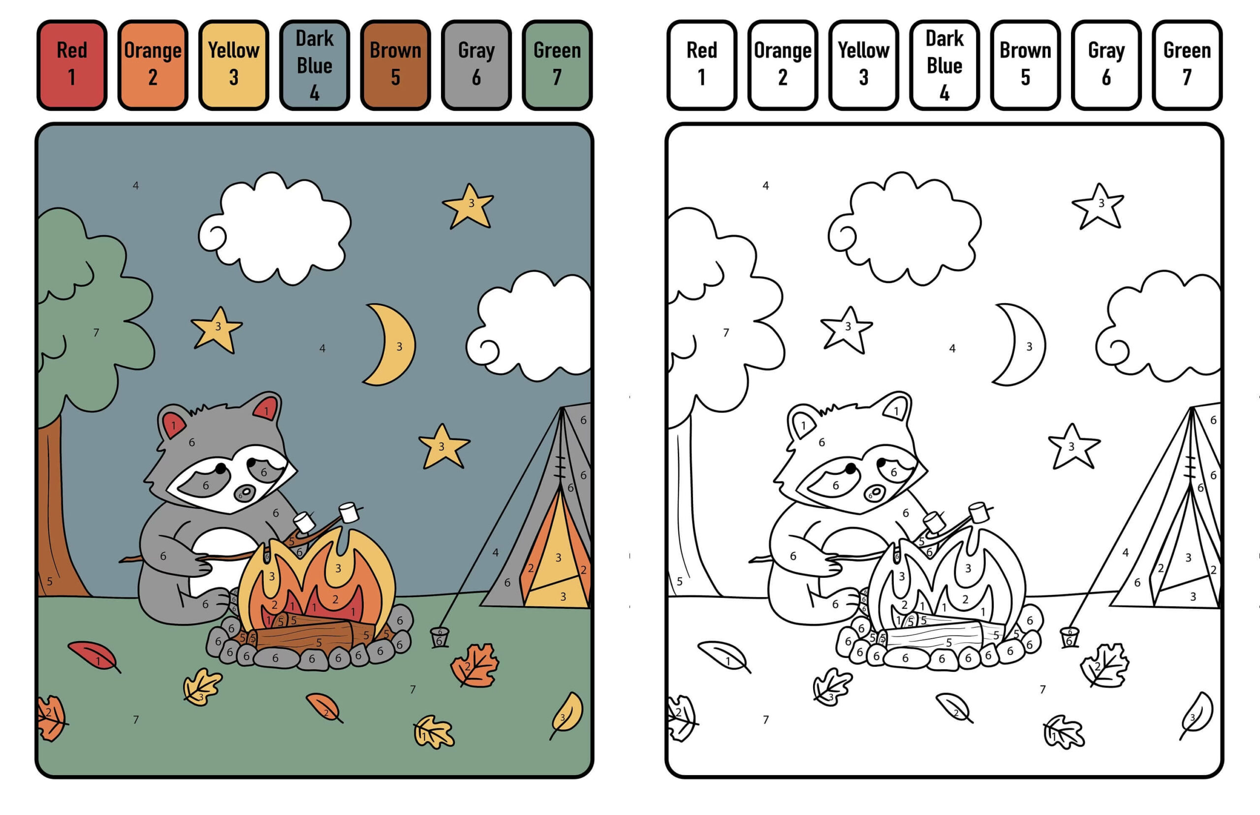 Raccoon Camping Color By Number coloring page Download, Print or