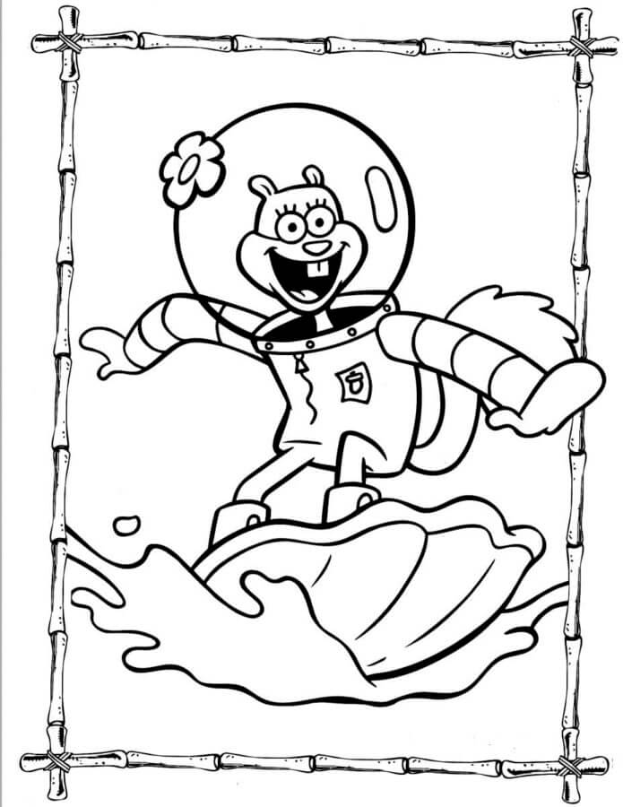 Sandy Cheeks Surfing on Shell coloring page Download, Print or Color