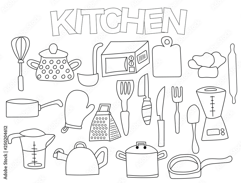 Kitchen Utensils Set Of Icons And Objects. Hand Drawn Doodle Cooking