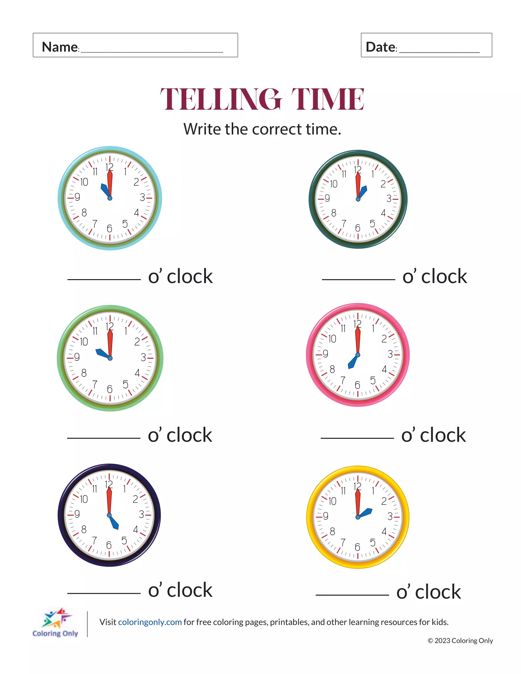 Telling Time Free Printable Worksheet Coloring Pages