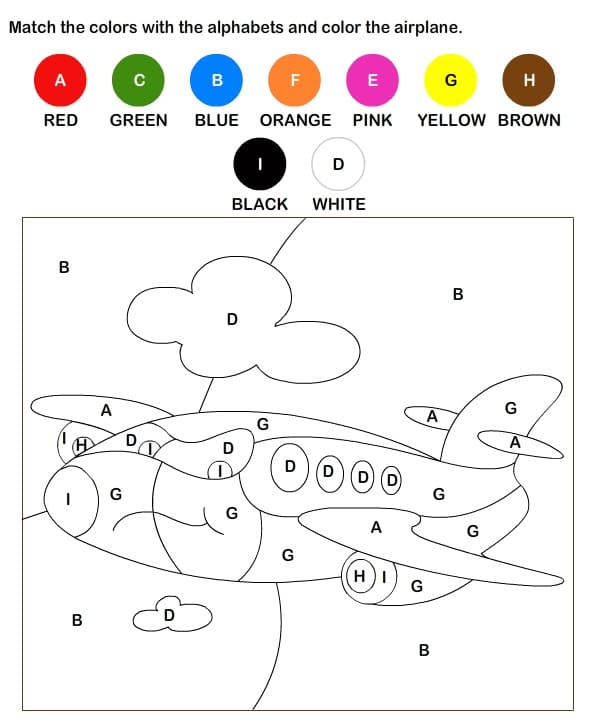 Airplane Color by Letters Coloring Pages