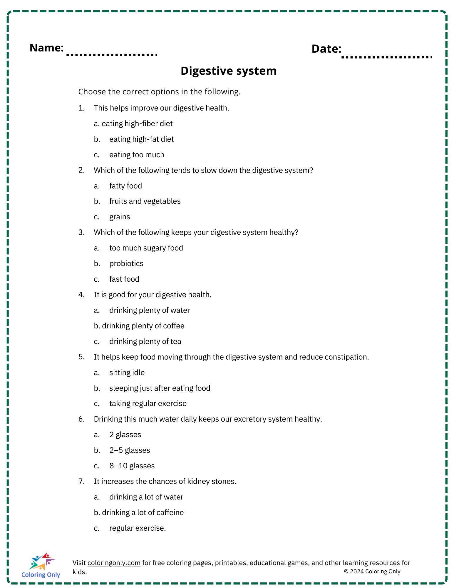 Digestive system free Printable Worksheet