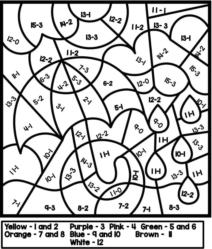 Subtraction Color By Number Coloring Page