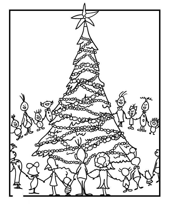 Whos in Whoville celebrate around Christmas tree Coloring Page - Free