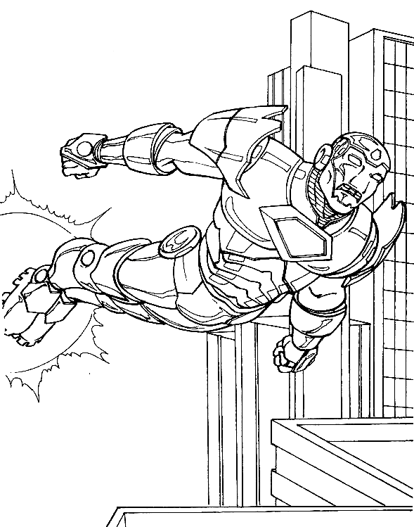 Iron man uses Repulsor Rays to fly throught buildings Coloring Page