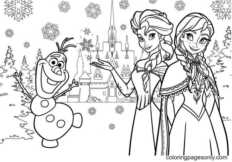 Elsa, Anna con Olaf para colorear Elsa y Anna para colorear Páginas