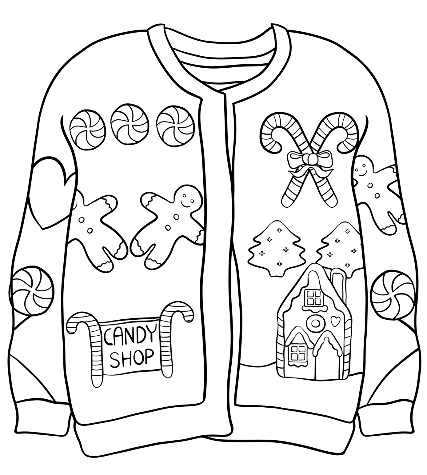 Christmas Sweater with Candy Shop Coloring Page Free Printable