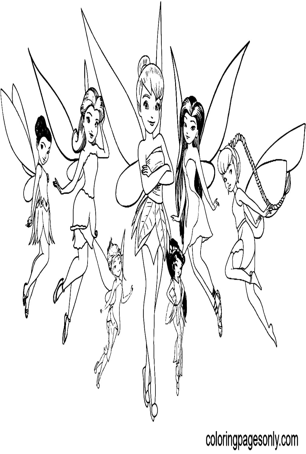 Tinker Bell with Fairy Friends Coloring Page Free Printable Coloring Pages