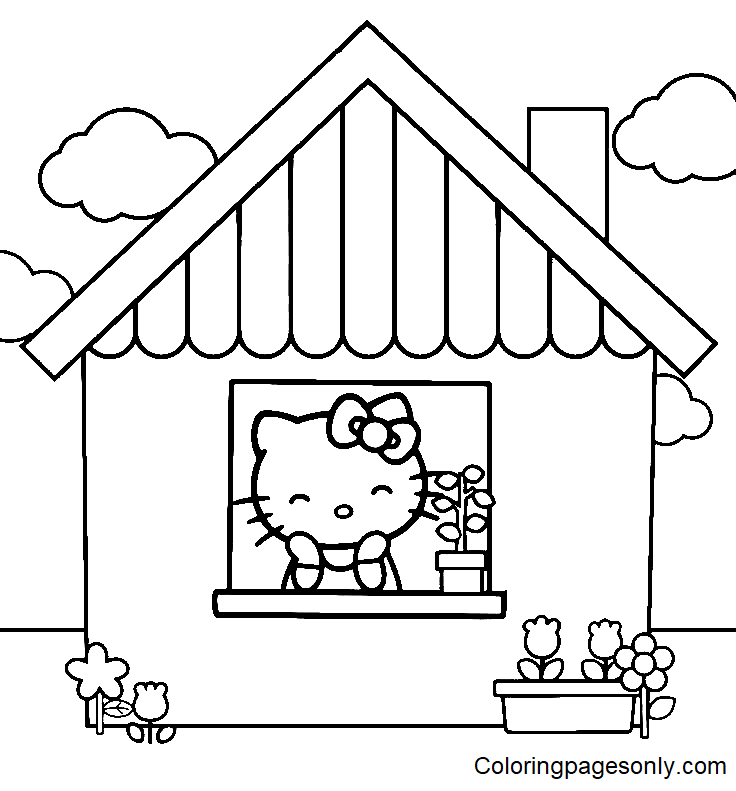 Hello Kitty with House Coloring Page Free Printable Coloring Pages