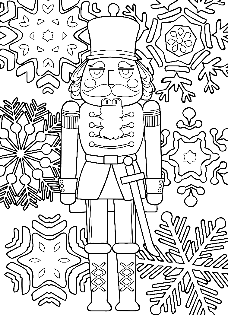 Nutcracker with Snowflakes Coloring Page - Free Printable Coloring Pages