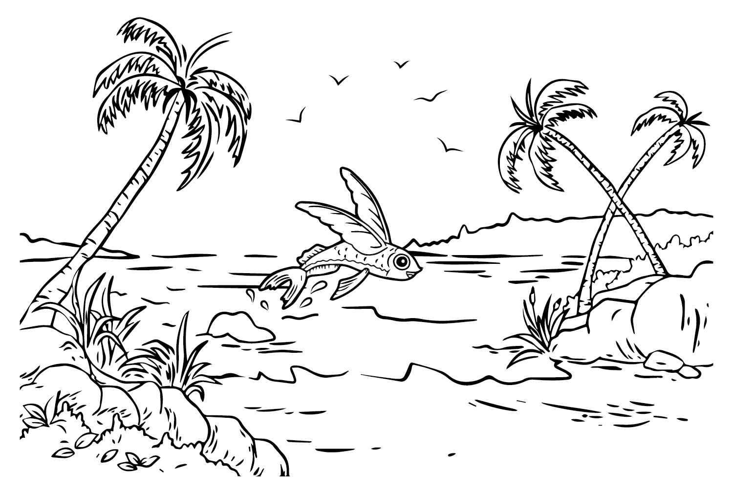 Flying Fish on The Water Coloring Page Free Printable Coloring Pages