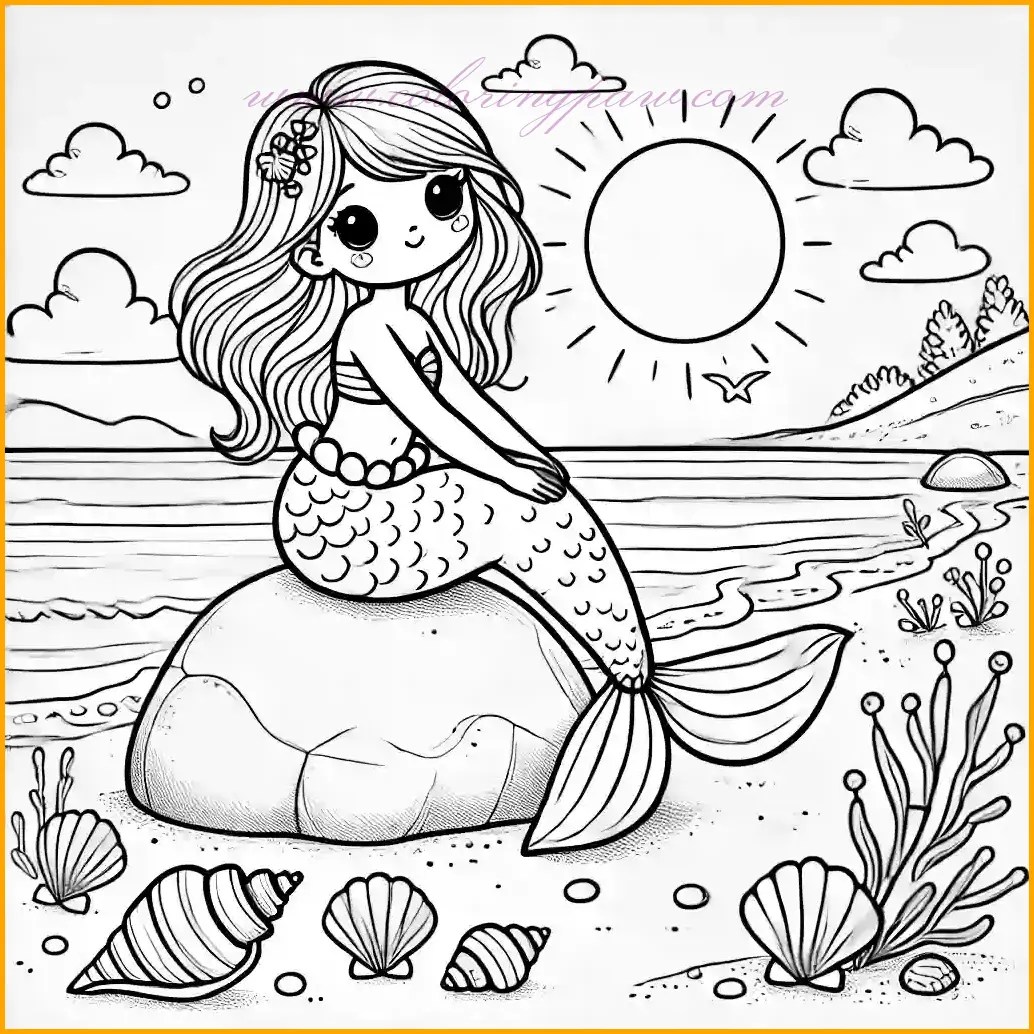 Little Mermaid Coloring Page Sitting with a Pearl and Minimal Background Free Printable