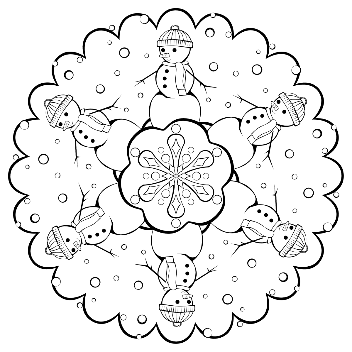 Coloring page Snowflake with snowmen