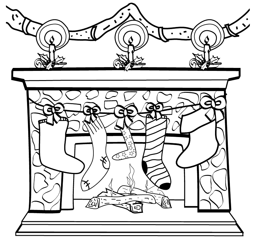 Coloring page Christmas stockings on the fireplace Coloring page Christmas stockings on the fireplace