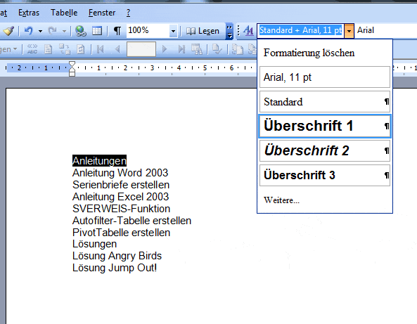 Anleitung Inhaltsverzeichnis erstellen in Word 2003 com