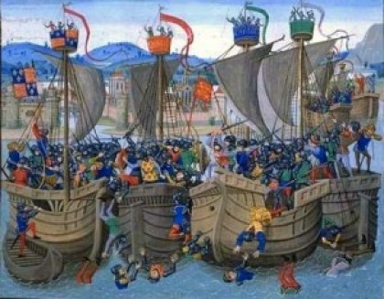 Fig. 8: Detail of Battle of Sluys from Jean Froissart's Chronicles from the 14th century, contained in Bibliotheque Nationale MS Fr. 2643.