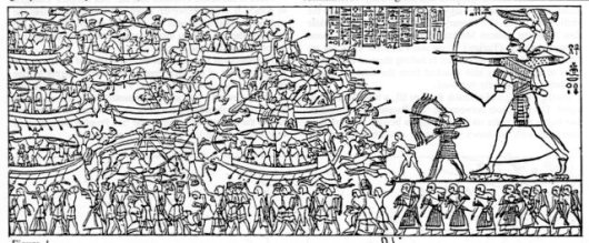 Fig. 3: Relief from Medinet Habu, depicting the Battle of the Delta (adopted from Erman &amp; Ranke 1923: 648; Cornelius 1987).