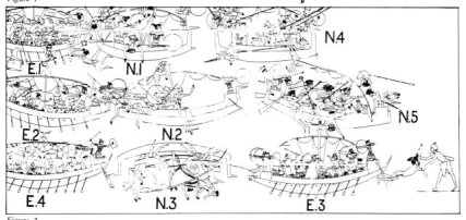 Fig. 4: Stages in the Battle of the Delta, as identified on the relief from Medinet Habu. E.1 and N.1 depict Egyptians throwing grappling hooks into sails and boarding the vessels of the Sea Peoples (adopted from Nelson 1943: 40-55, fig. 4; Cornelius 1987).