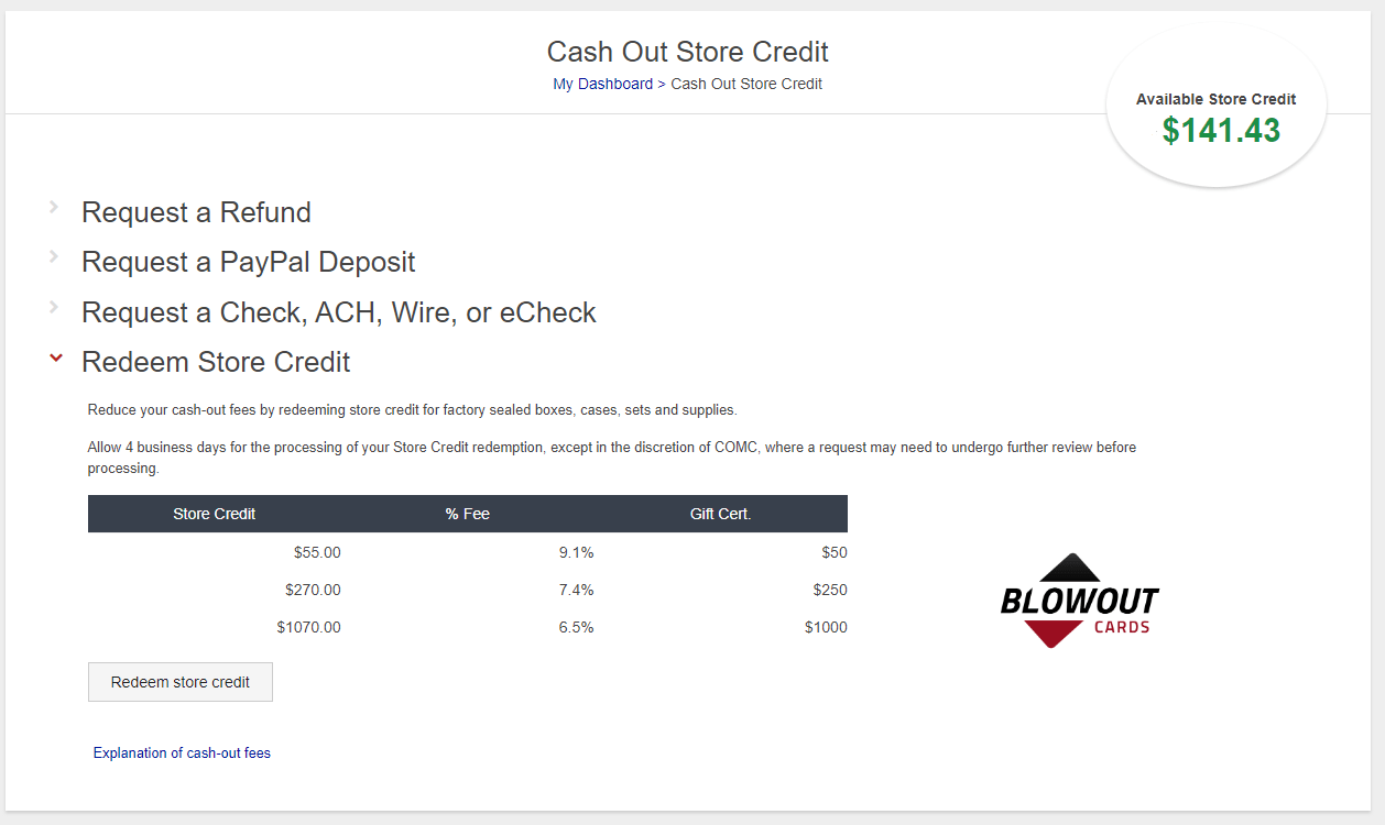 Redeeming COMC Credit as Blowout Store Credit COMC