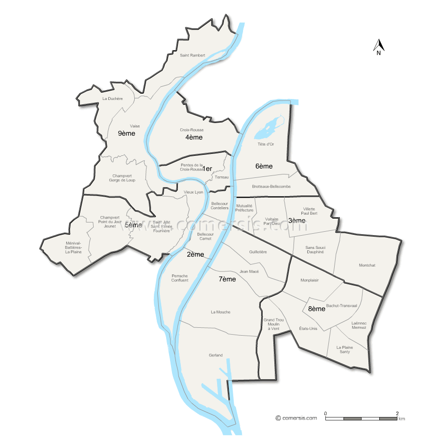 Carte arrondissements et quartiers de Lyon