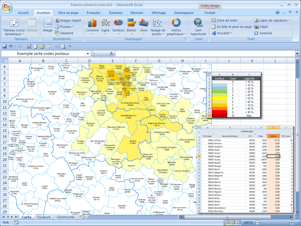 Carte Excel macro des codes postaux de la Gironde
