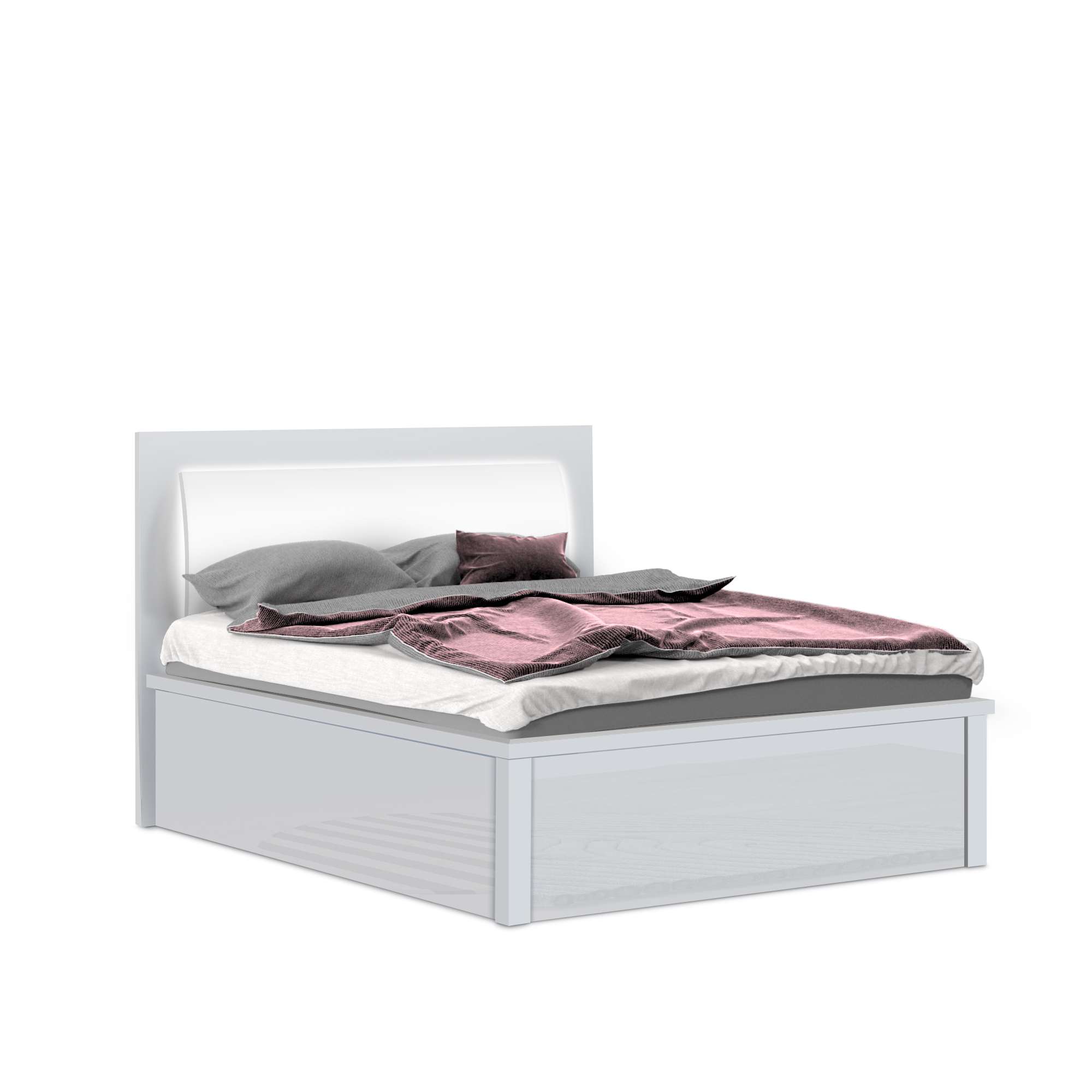 Glossy White Wood Bed with Slim Headboard & Storage