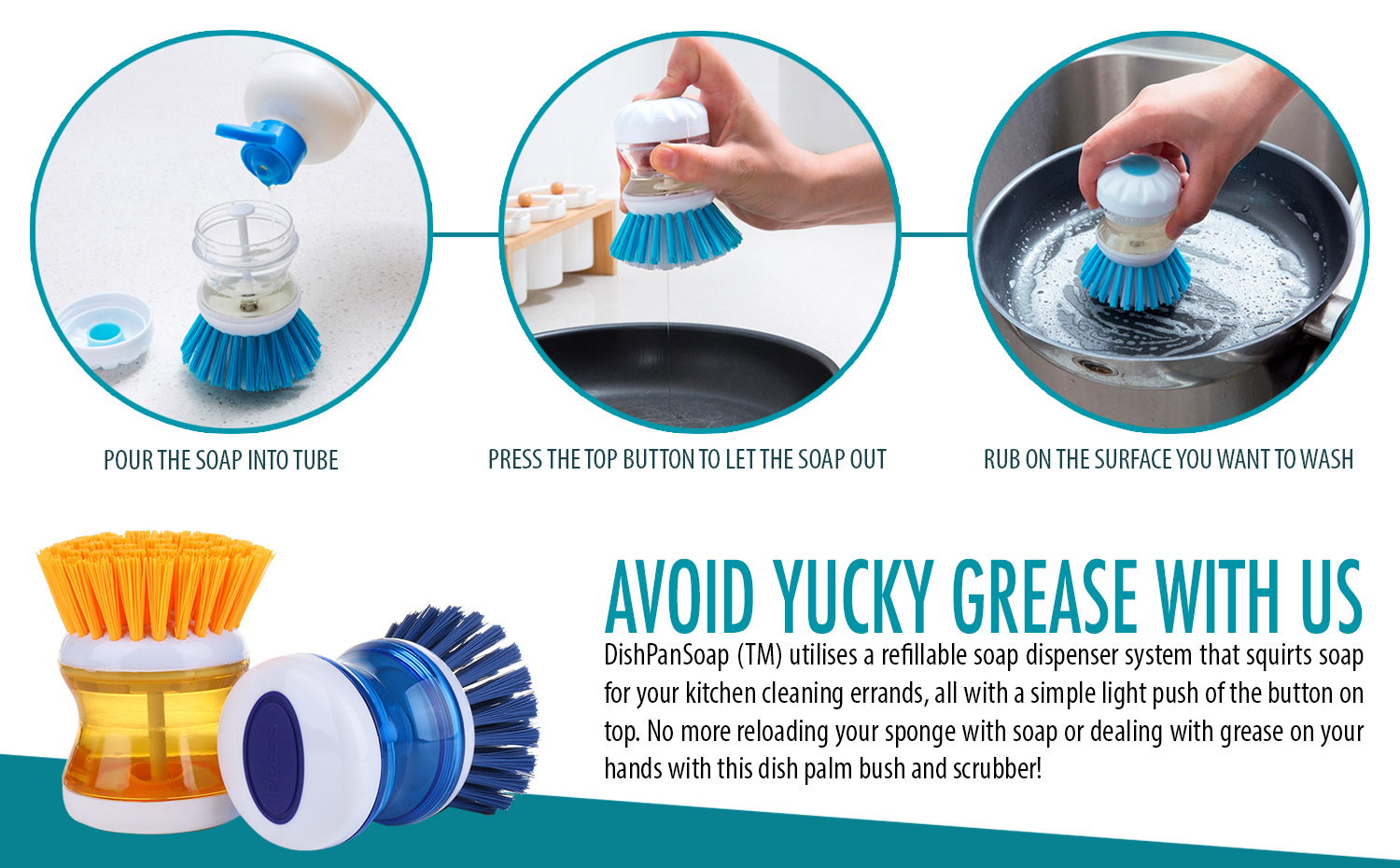 Set of 2 Soap Dispensing Palm Brush, Nylon Bristle Dish Scrubber Brush