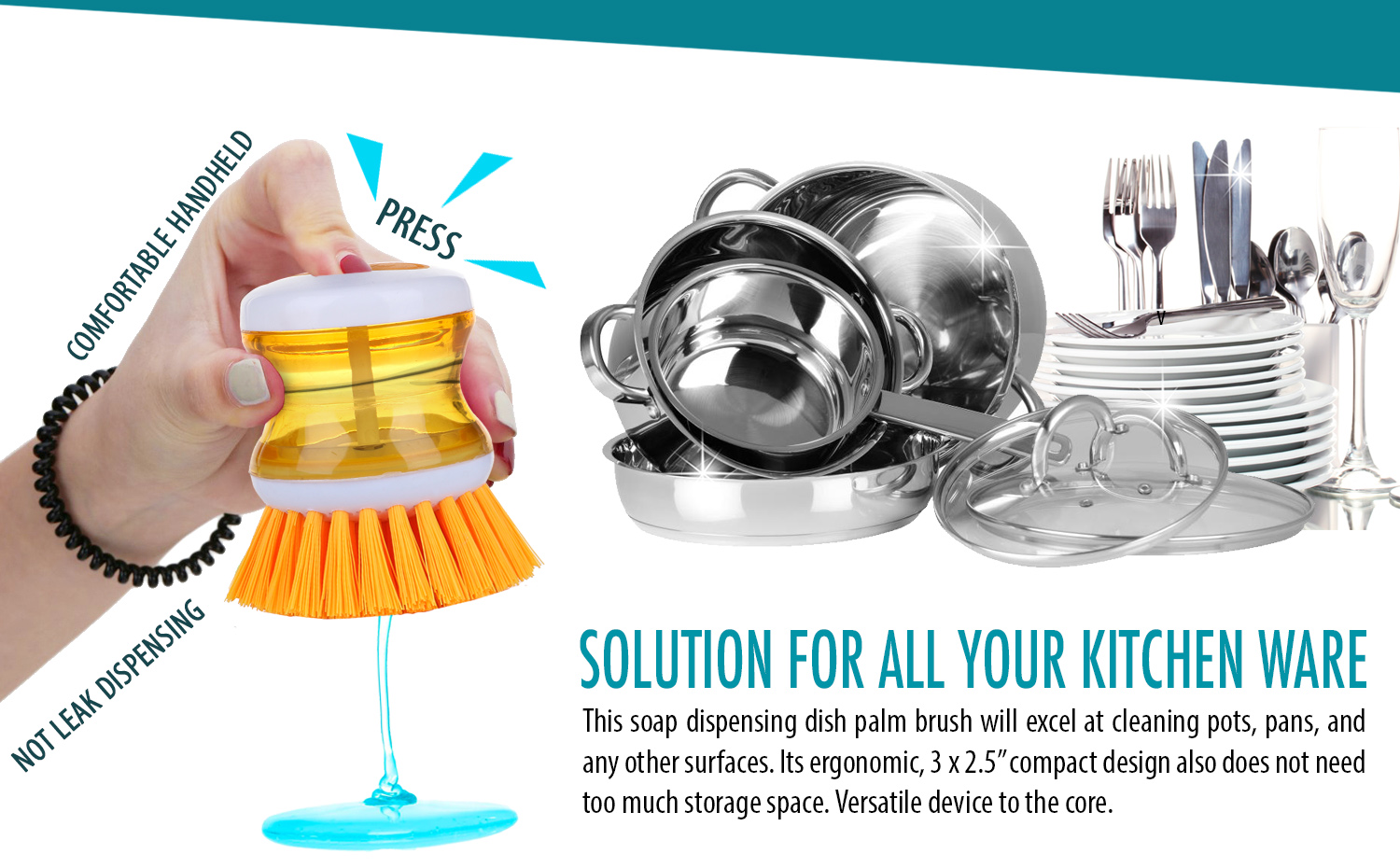 Set of 2 Soap Dispensing Palm Brush, Nylon Bristle Dish Scrubber Brush