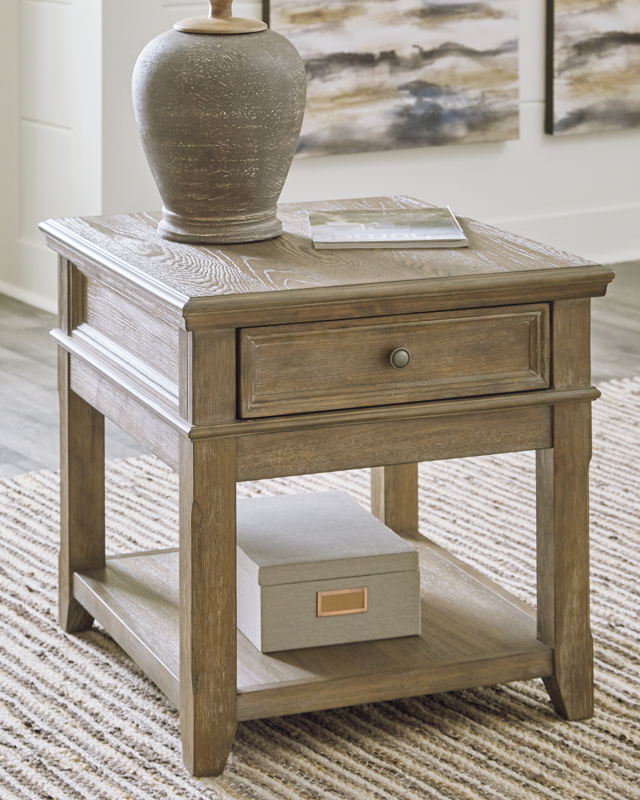 Janismore Grayish Brown Rectangular End Table Comfort Center