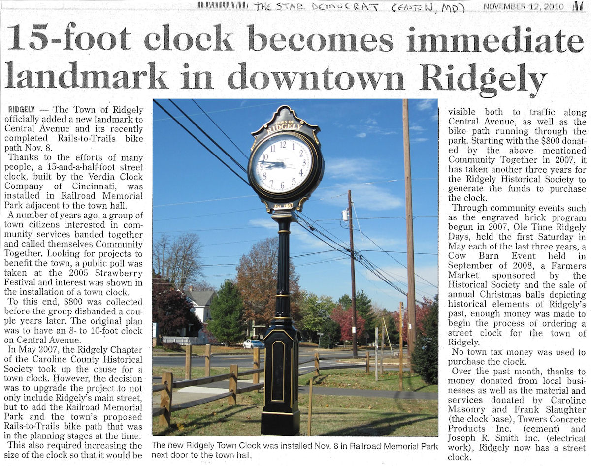 Ridgely Town Clock Ridgely Historical Society, Chapter CCHS, Ridgely, MD