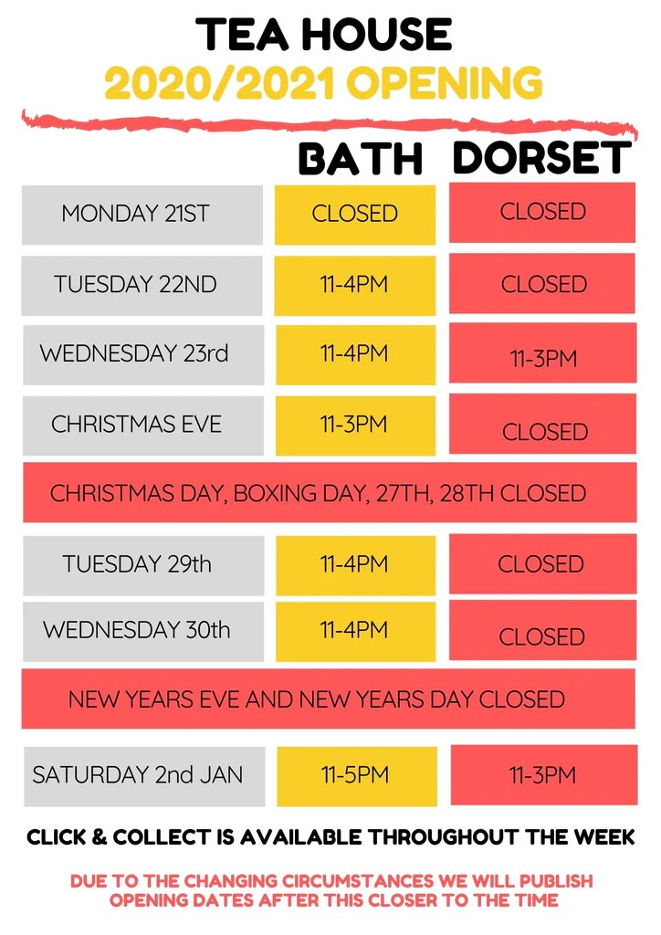 CHRISTMAS & NEW YEAR OPENING TIMES Comins Tea