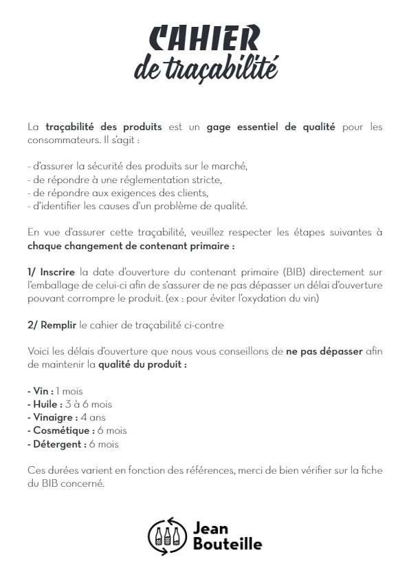 Cahier de traçabilité de vos produits JEAN BOUTEILLE