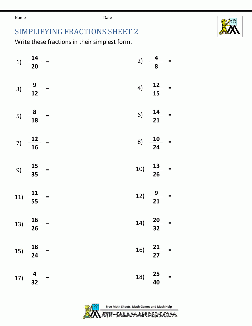 Common Core Sheets Simplifying Fractions | Common Core Worksheets