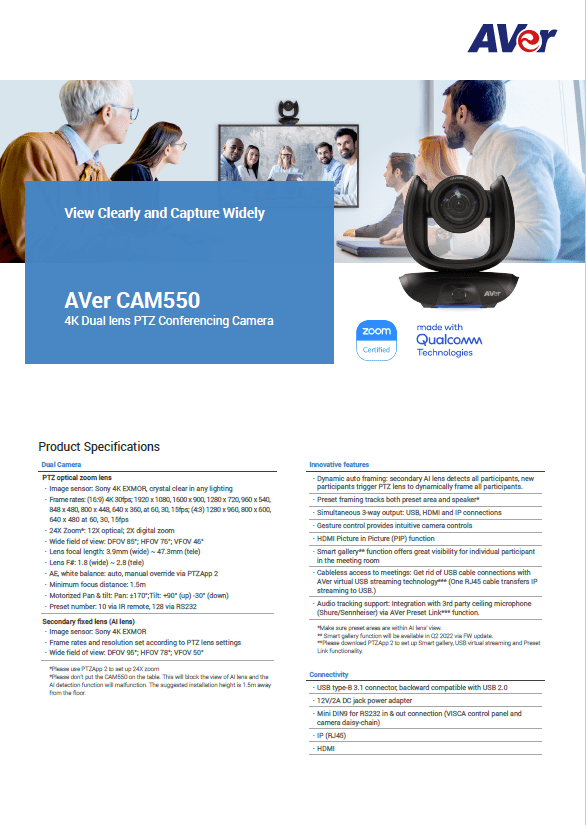 AVer CAM550 - 4K Dual Lens PTZ Conferencing Camera | AVer Europe