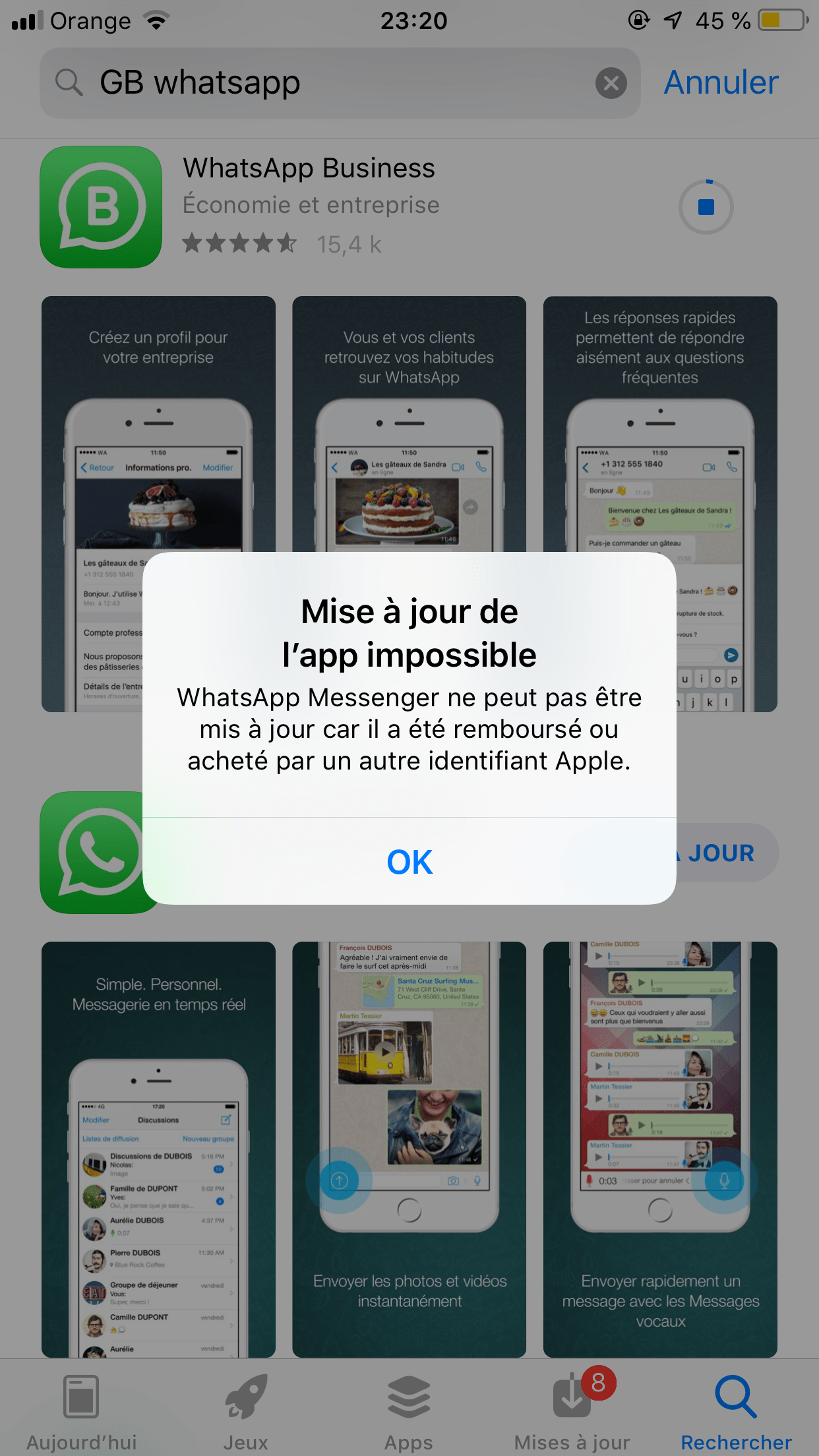 Mise à jour de WhatsApp impossible Communauté Apple