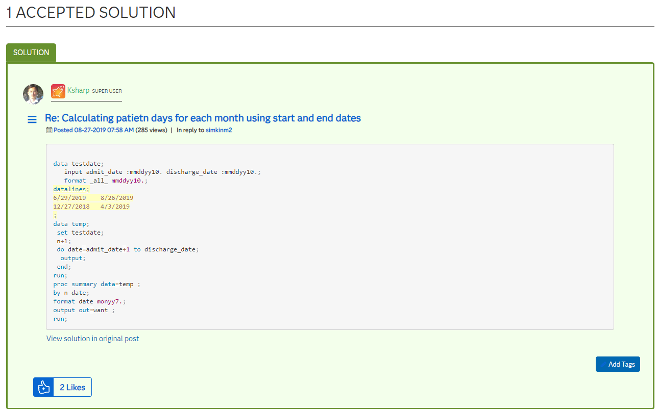 Solved How to calculate days for each month using two dates SAS