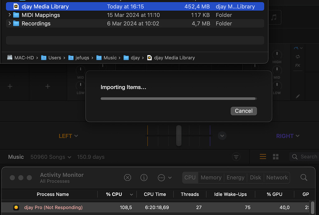 "Djay Pro Not responding" while importing large mp3 collection
