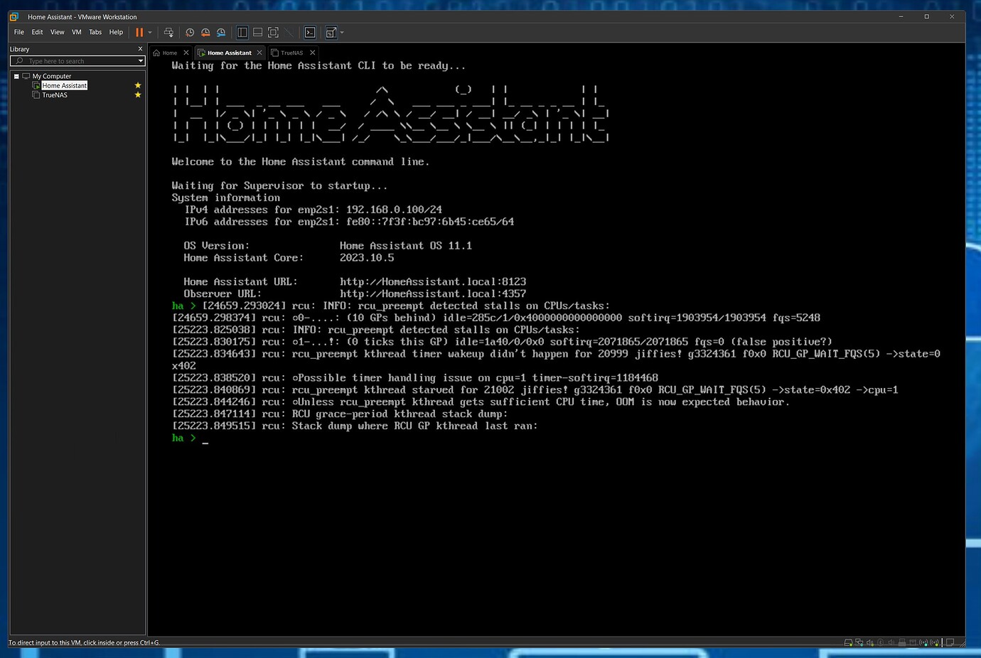 Home Assistants errors with VMware Workstation 17.5 Pro Hardware