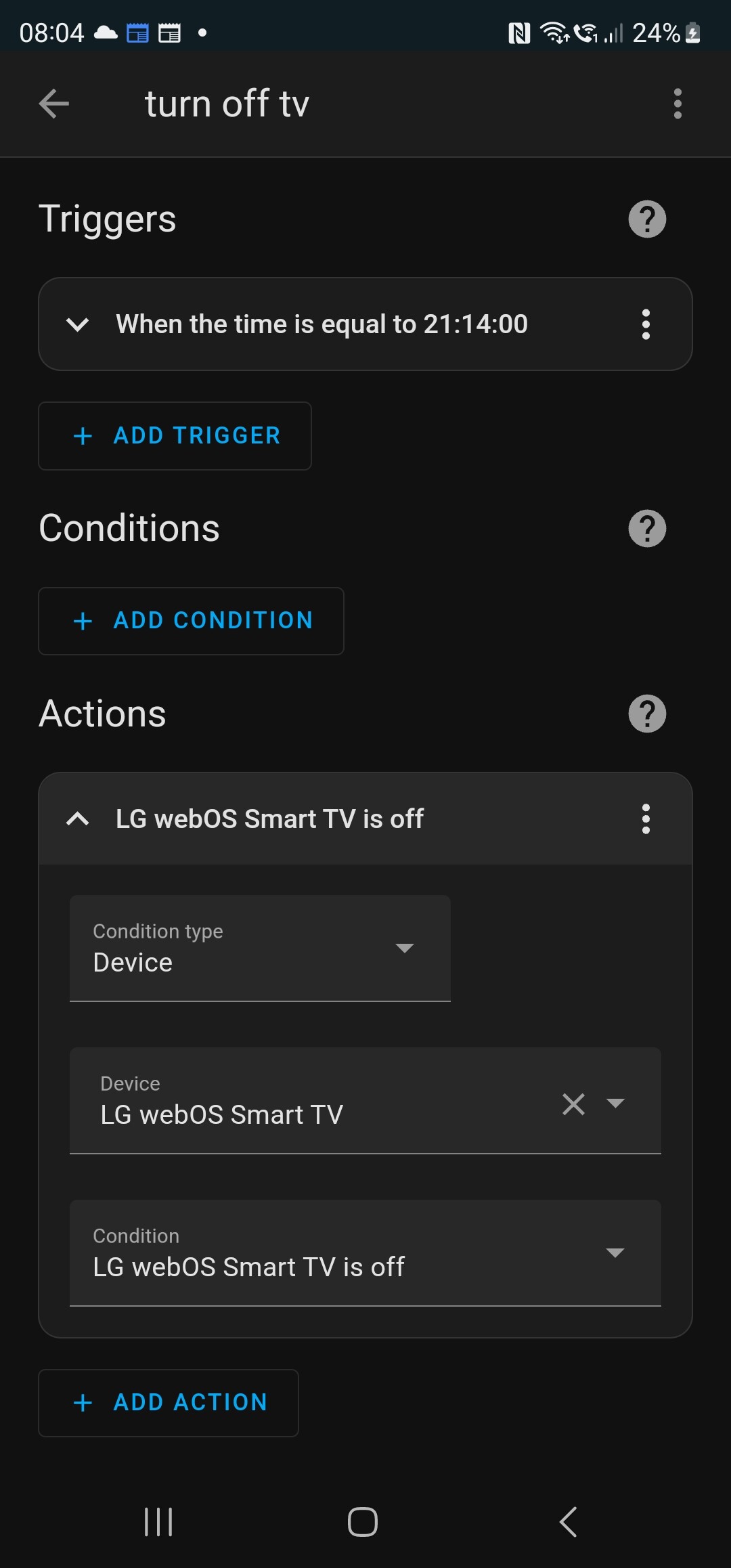 New to HA. Having trouble with LG C1 turning off through automation