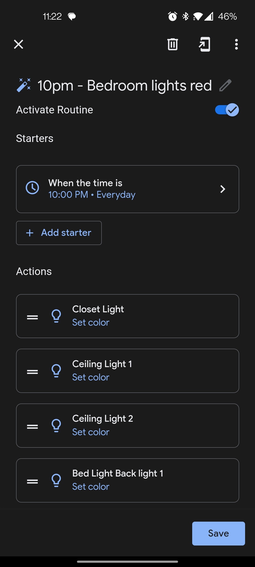 Moving automation from Google home to HA Change light color without